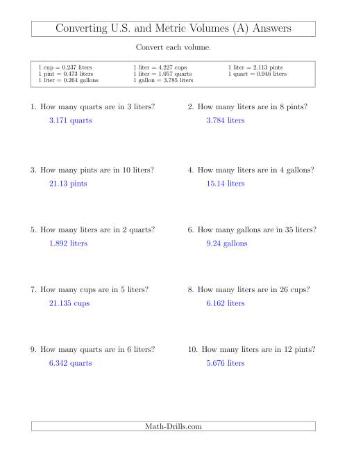 The Converting Between Liters and U.S. Cups, Pints, Quarts and Gallons (A) Math Worksheet Page 2