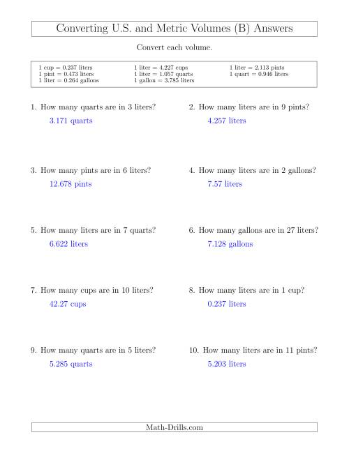 The Converting Between Liters and U.S. Cups, Pints, Quarts and Gallons (B) Math Worksheet Page 2