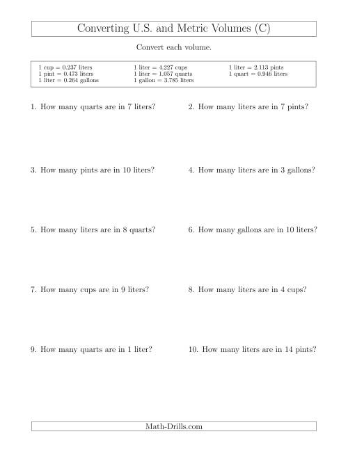 The Converting Between Liters and U.S. Cups, Pints, Quarts and Gallons (C) Math Worksheet