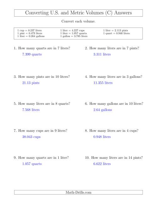 The Converting Between Liters and U.S. Cups, Pints, Quarts and Gallons (C) Math Worksheet Page 2