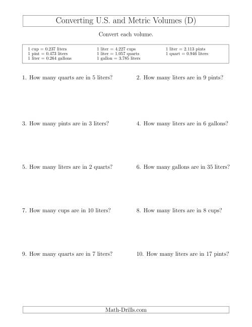 The Converting Between Liters and U.S. Cups, Pints, Quarts and Gallons (D) Math Worksheet