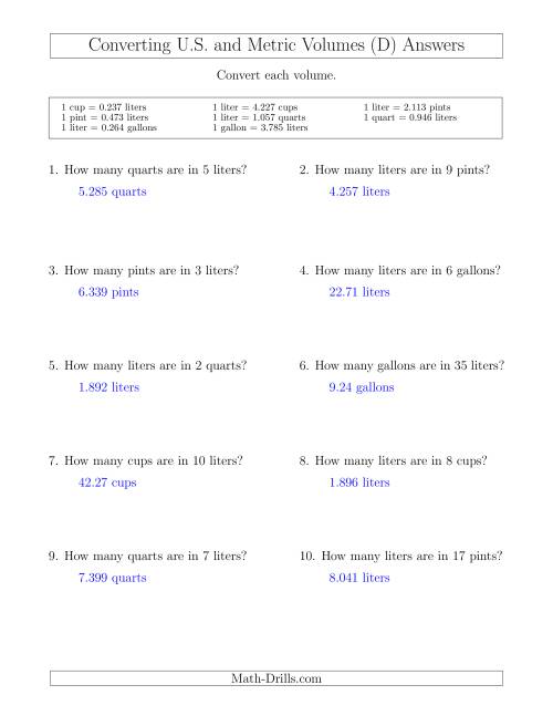 The Converting Between Liters and U.S. Cups, Pints, Quarts and Gallons (D) Math Worksheet Page 2