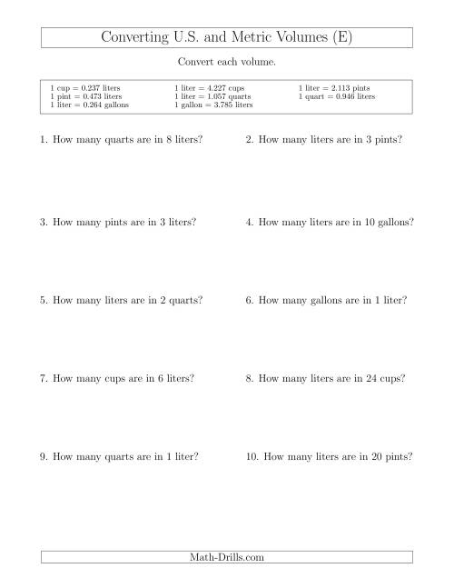 The Converting Between Liters and U.S. Cups, Pints, Quarts and Gallons (E) Math Worksheet
