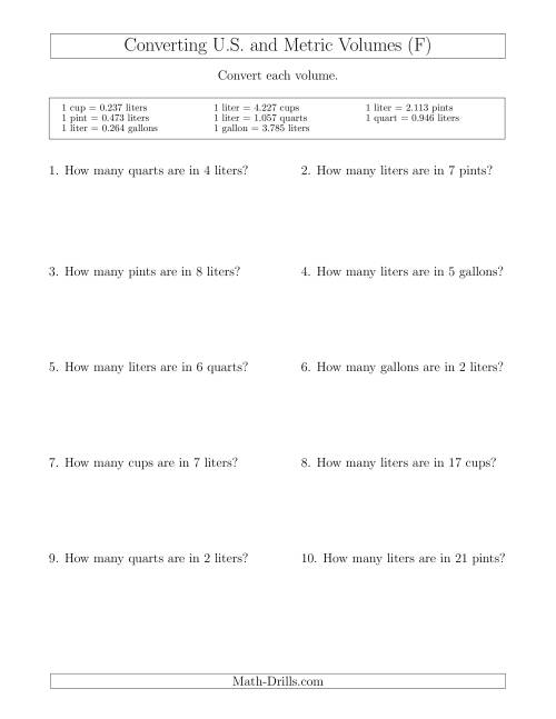 The Converting Between Liters and U.S. Cups, Pints, Quarts and Gallons (F) Math Worksheet