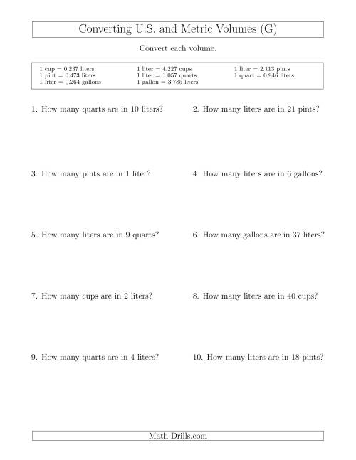 The Converting Between Liters and U.S. Cups, Pints, Quarts and Gallons (G) Math Worksheet