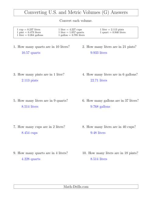 The Converting Between Liters and U.S. Cups, Pints, Quarts and Gallons (G) Math Worksheet Page 2
