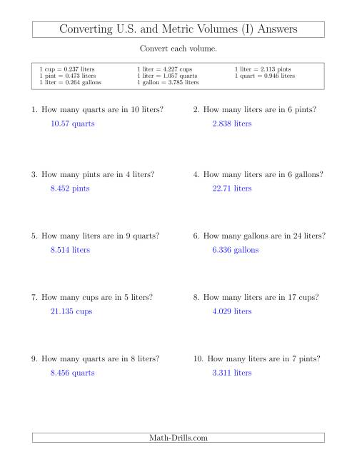 The Converting Between Liters and U.S. Cups, Pints, Quarts and Gallons (I) Math Worksheet Page 2