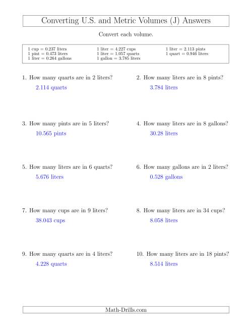 The Converting Between Liters and U.S. Cups, Pints, Quarts and Gallons (J) Math Worksheet Page 2