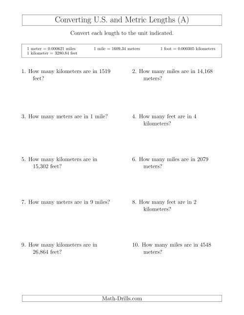 The Converting Between Feet and Kilometers and Meters and Miles (A) Math Worksheet