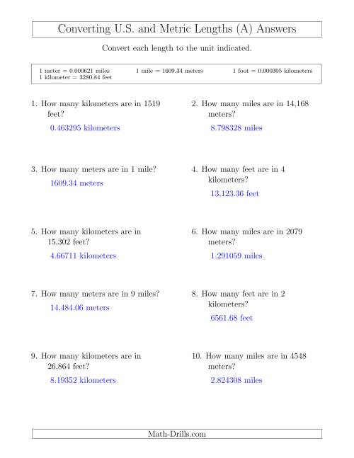 The Converting Between Feet and Kilometers and Meters and Miles (A) Math Worksheet Page 2