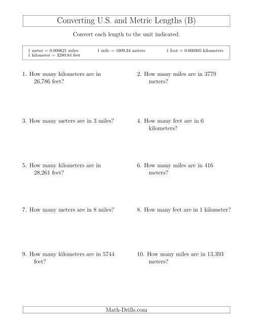 The Converting Between Feet and Kilometers and Meters and Miles (B) Math Worksheet
