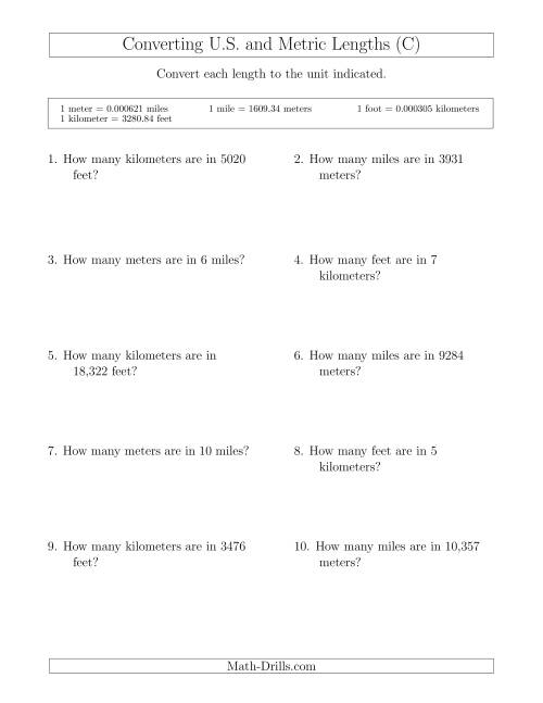 The Converting Between Feet and Kilometers and Meters and Miles (C) Math Worksheet