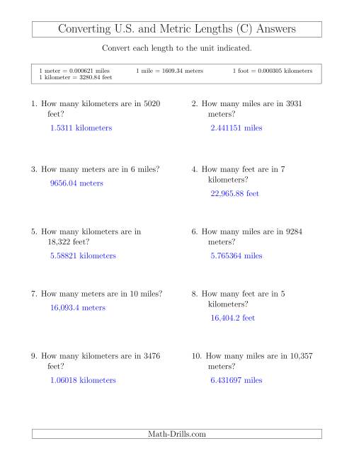 The Converting Between Feet and Kilometers and Meters and Miles (C) Math Worksheet Page 2