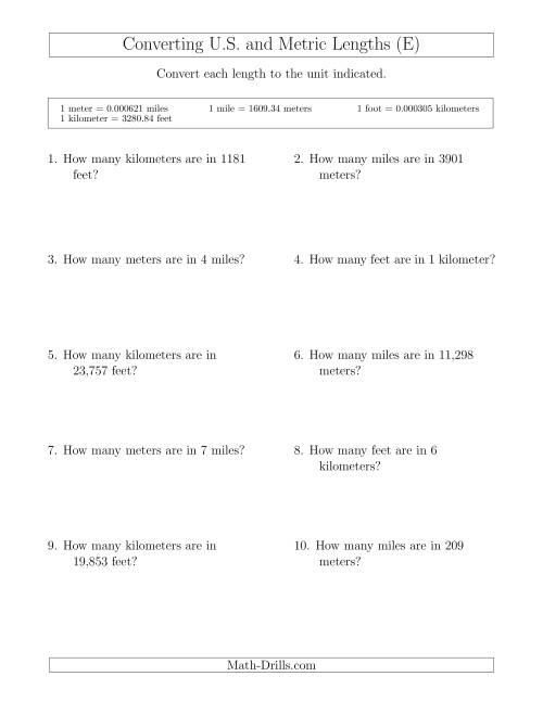The Converting Between Feet and Kilometers and Meters and Miles (E) Math Worksheet