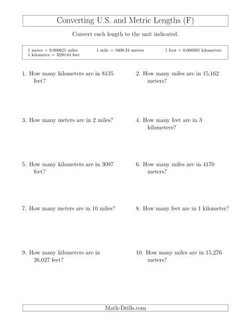 The Converting Between Feet and Kilometers and Meters and Miles (F) Math Worksheet