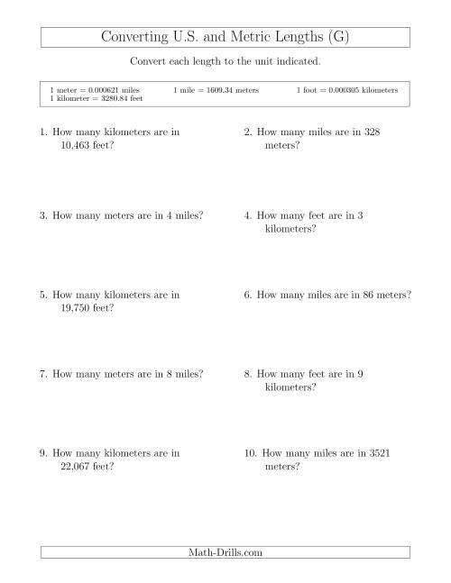 The Converting Between Feet and Kilometers and Meters and Miles (G) Math Worksheet