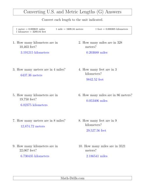 The Converting Between Feet and Kilometers and Meters and Miles (G) Math Worksheet Page 2