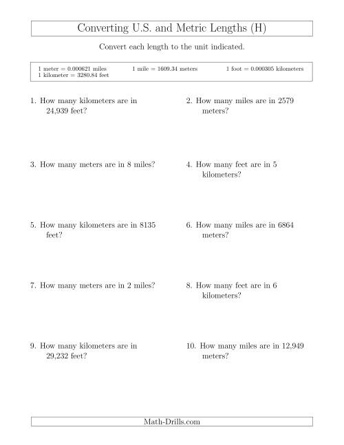 The Converting Between Feet and Kilometers and Meters and Miles (H) Math Worksheet
