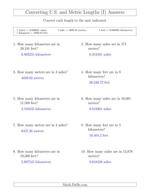 The Converting Between Feet and Kilometers and Meters and Miles (I) Math Worksheet Page 2