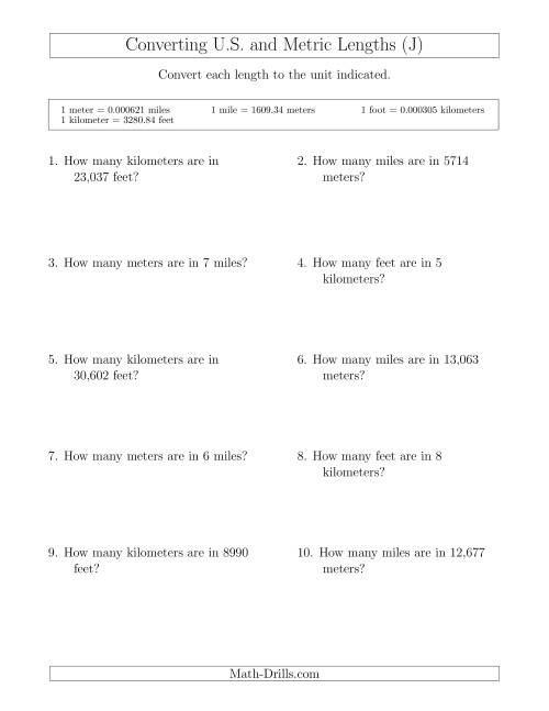 The Converting Between Feet and Kilometers and Meters and Miles (J) Math Worksheet