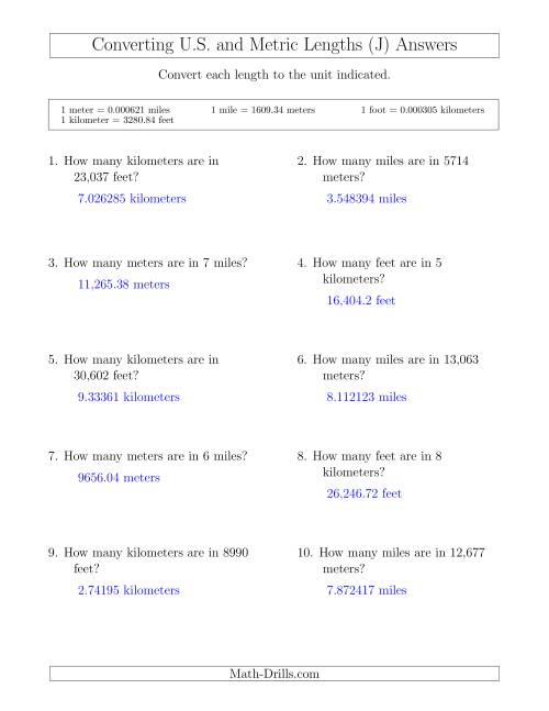 The Converting Between Feet and Kilometers and Meters and Miles (J) Math Worksheet Page 2