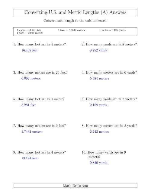 The Converting Between Meters, Feet and Yards (A) Math Worksheet Page 2