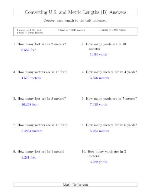The Converting Between Meters, Feet and Yards (B) Math Worksheet Page 2