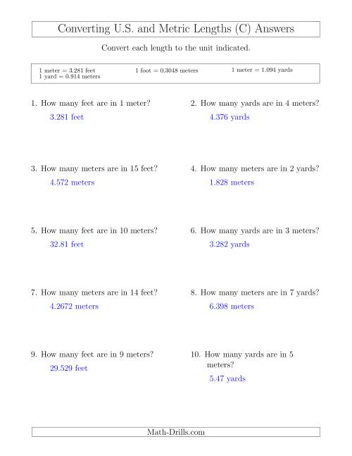 The Converting Between Meters, Feet and Yards (C) Math Worksheet Page 2