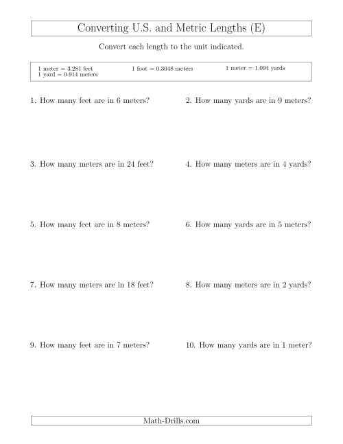 The Converting Between Meters, Feet and Yards (E) Math Worksheet