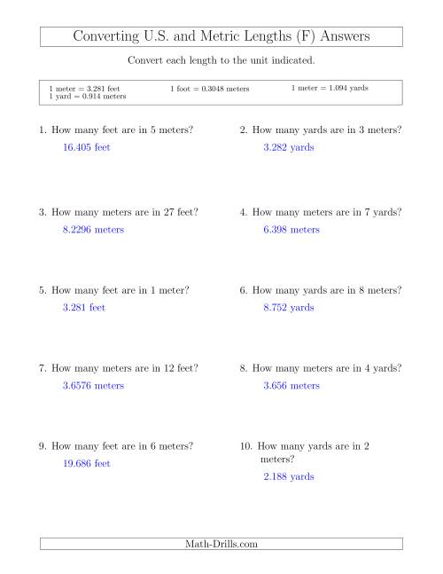 The Converting Between Meters, Feet and Yards (F) Math Worksheet Page 2