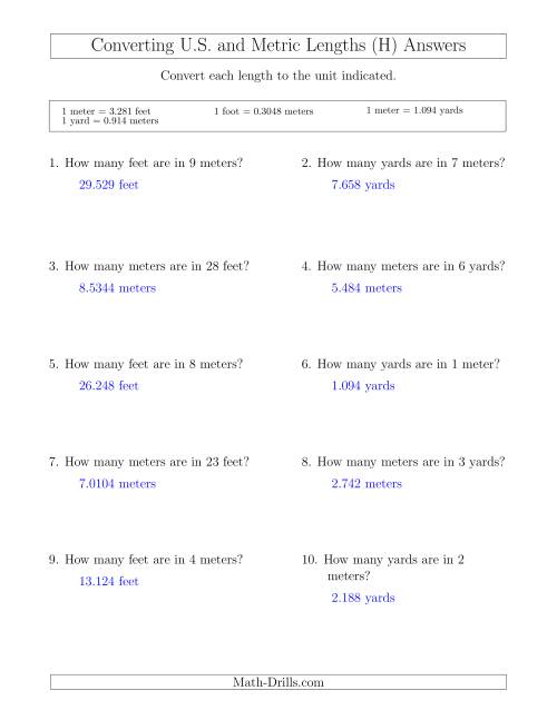 The Converting Between Meters, Feet and Yards (H) Math Worksheet Page 2