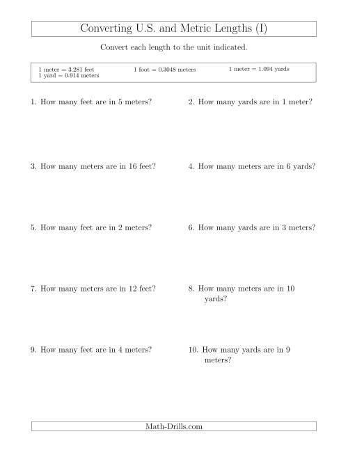 The Converting Between Meters, Feet and Yards (I) Math Worksheet