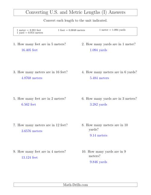 The Converting Between Meters, Feet and Yards (I) Math Worksheet Page 2