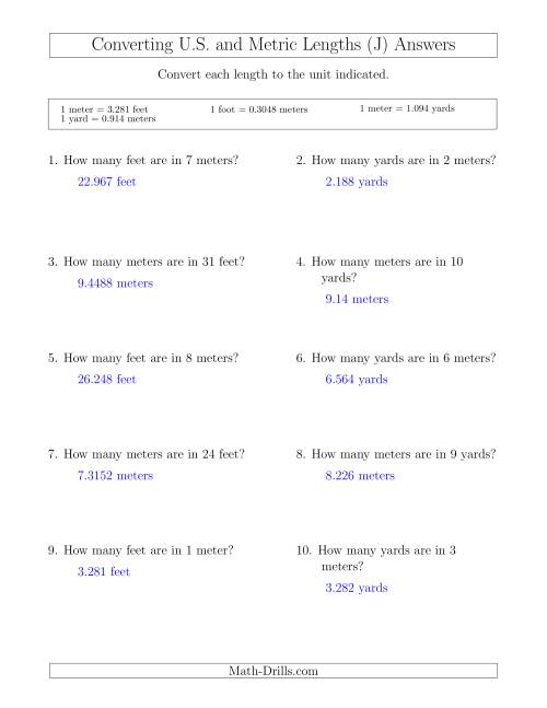 The Converting Between Meters, Feet and Yards (J) Math Worksheet Page 2