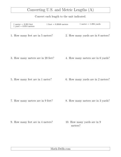 The Converting Between Meters, Feet and Yards (All) Math Worksheet