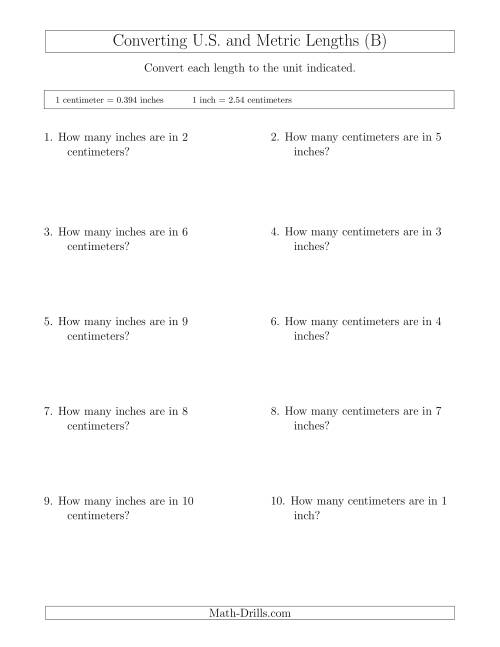 The Converting Between Centimeters and Inches (B) Math Worksheet