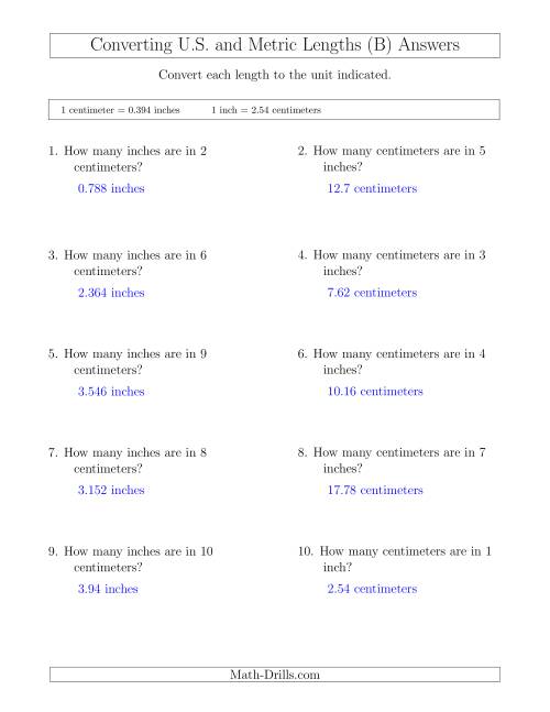 The Converting Between Centimeters and Inches (B) Math Worksheet Page 2