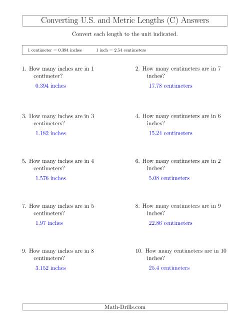 The Converting Between Centimeters and Inches (C) Math Worksheet Page 2