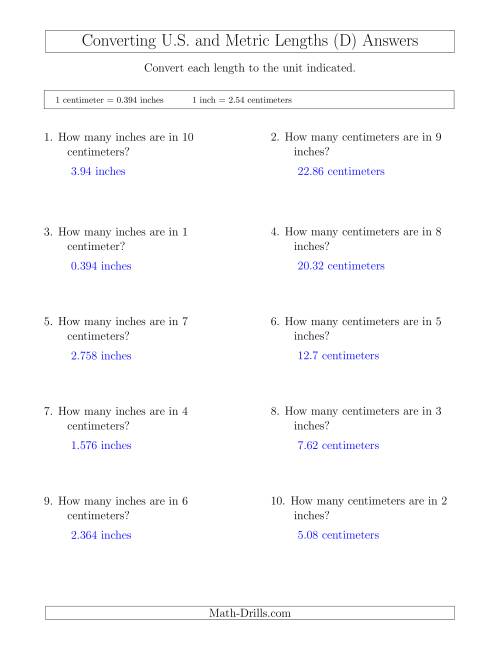 The Converting Between Centimeters and Inches (D) Math Worksheet Page 2