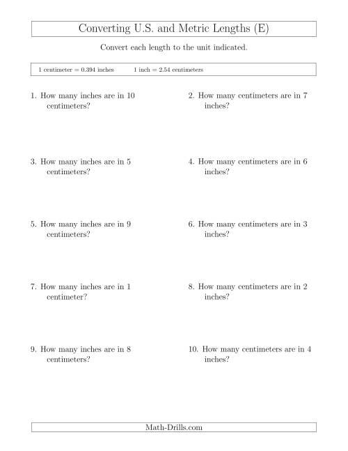 The Converting Between Centimeters and Inches (E) Math Worksheet