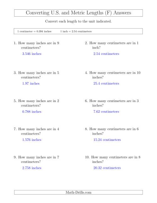 The Converting Between Centimeters and Inches (F) Math Worksheet Page 2