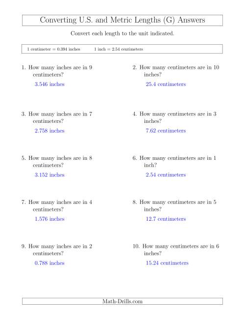 The Converting Between Centimeters and Inches (G) Math Worksheet Page 2