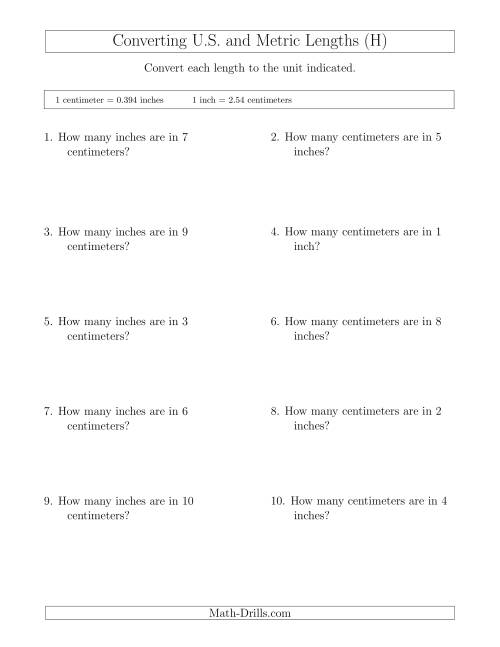 The Converting Between Centimeters and Inches (H) Math Worksheet