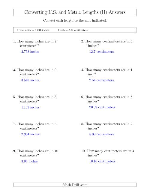 The Converting Between Centimeters and Inches (H) Math Worksheet Page 2