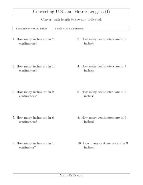 The Converting Between Centimeters and Inches (I) Math Worksheet