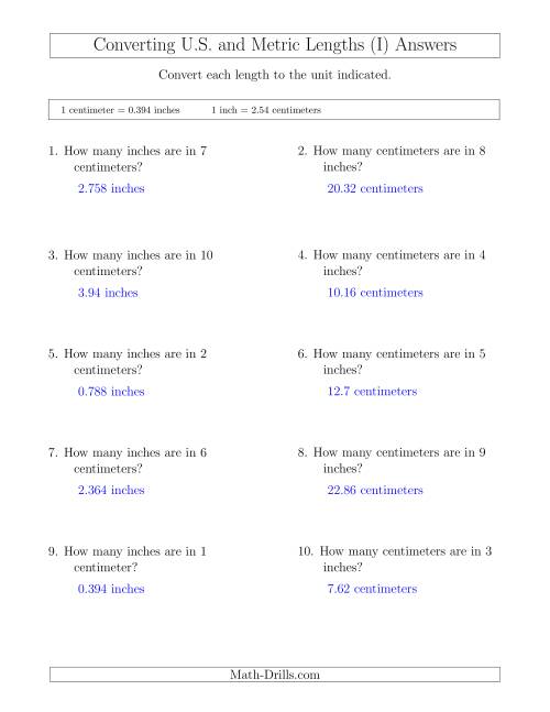 The Converting Between Centimeters and Inches (I) Math Worksheet Page 2