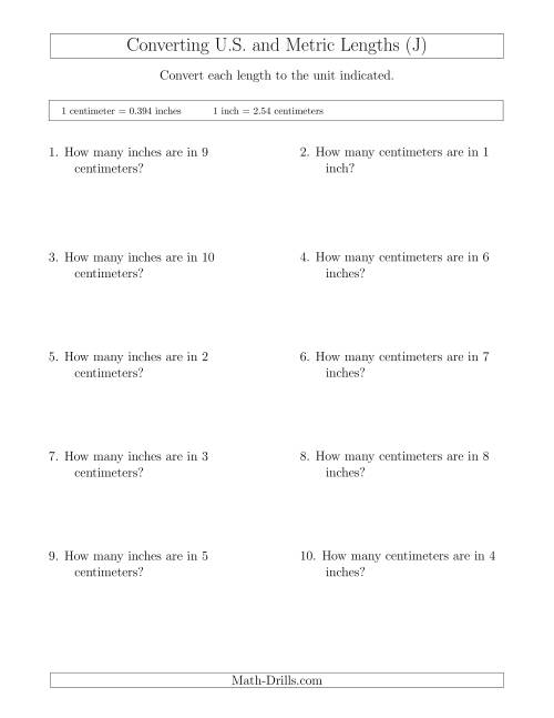 The Converting Between Centimeters and Inches (J) Math Worksheet