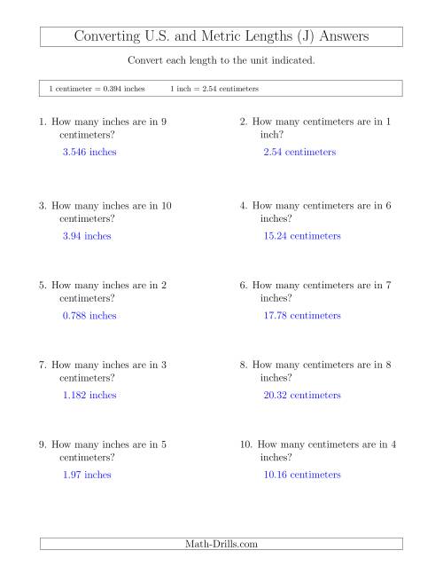 The Converting Between Centimeters and Inches (J) Math Worksheet Page 2