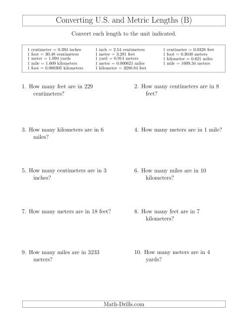 The Converting Between U.S. Customary and Metric Lengths Including km/ft and mi/m (B) Math Worksheet