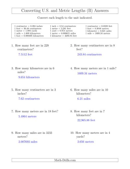 The Converting Between U.S. Customary and Metric Lengths Including km/ft and mi/m (B) Math Worksheet Page 2